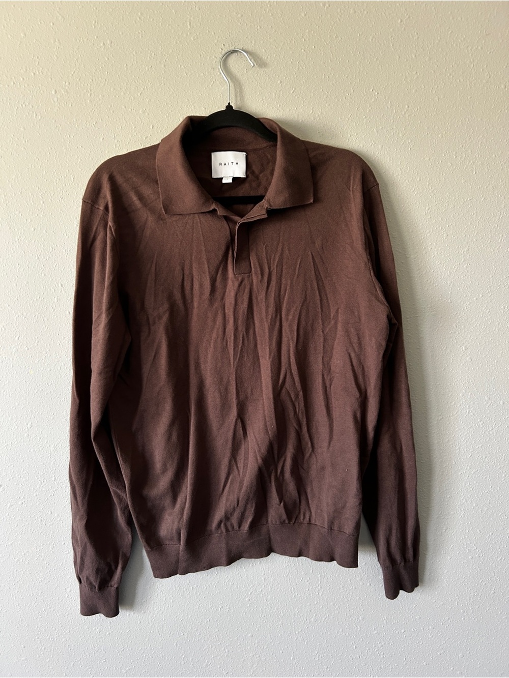 Raith brown long sleeve knit polo with hidden buttons